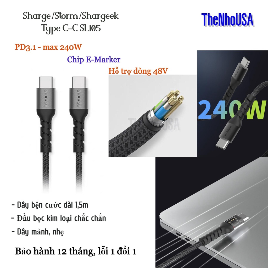 Cáp sạc siêu nhanh 240W - PD3.1 Sharge / Storm / Shargeek USB C - C  dài 1.5m SL105 - [BH12T]