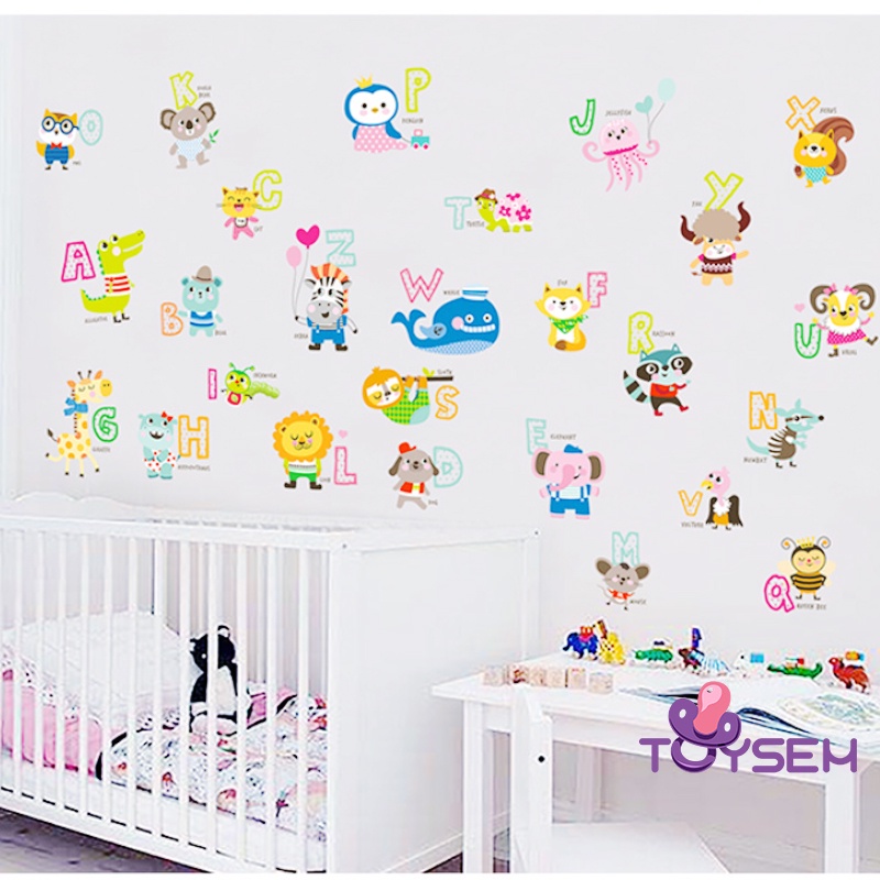 Decal trang trí dán tường gồm 26 chữ cái và các con vật cho bé - quà tặng sinh nhật cho bé