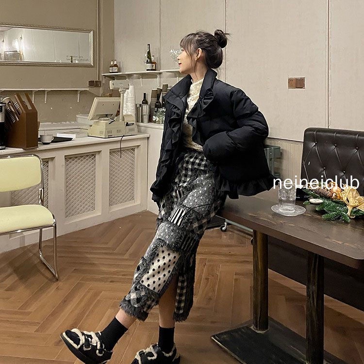 Neinei Chân Váy Len Dáng Chữ a Lưng Cao Họa Tiết Sọc Caro Xẻ Tà Thời Trang Mùa Thu