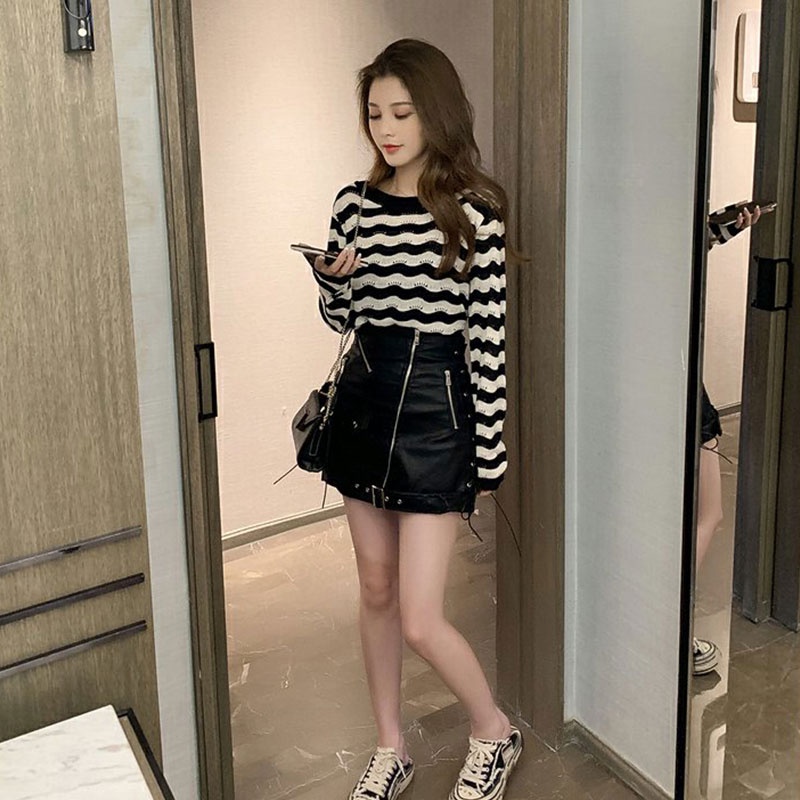Áo Len Tay Dài Dáng Rộng Họa Tiết Kẻ Sọc Thời Trang Hàn Quốc Cho Nữ