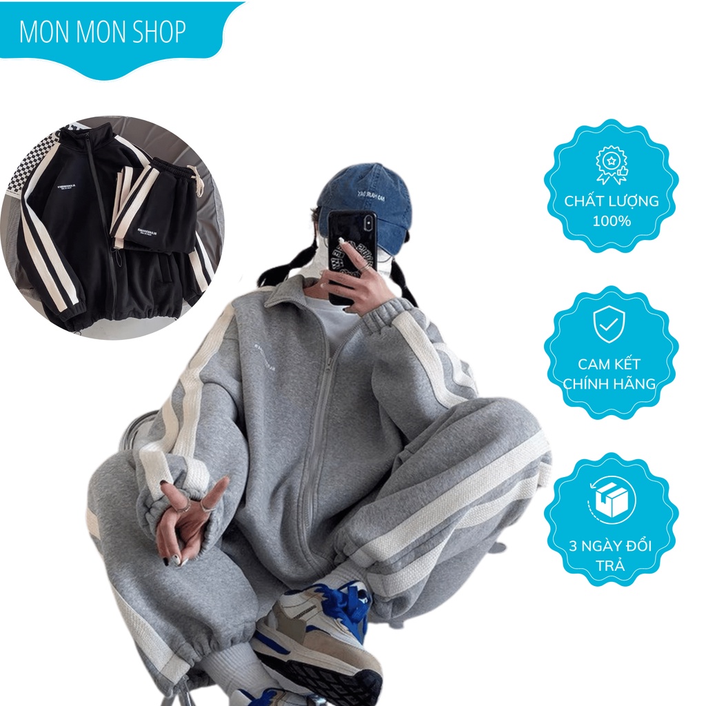 Bộ nỉ thể thao nam nữ thu đông kẻ sọc 2 màu , set nỉ thu đông dày dặn năm 2022 x0176 monmonshop