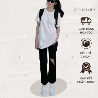 Quần everly jeans ống đứng đen tuyền rách xẻ co dãn
