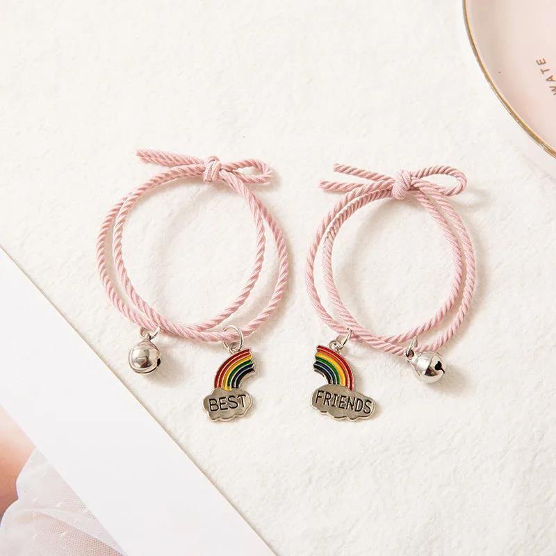 Bộ 2 Vòng Tay Dây Thun Co Giãn Mặt Hình Bé Gái / Chữ Best Friend Màu Cầu Vồng Dễ Thương