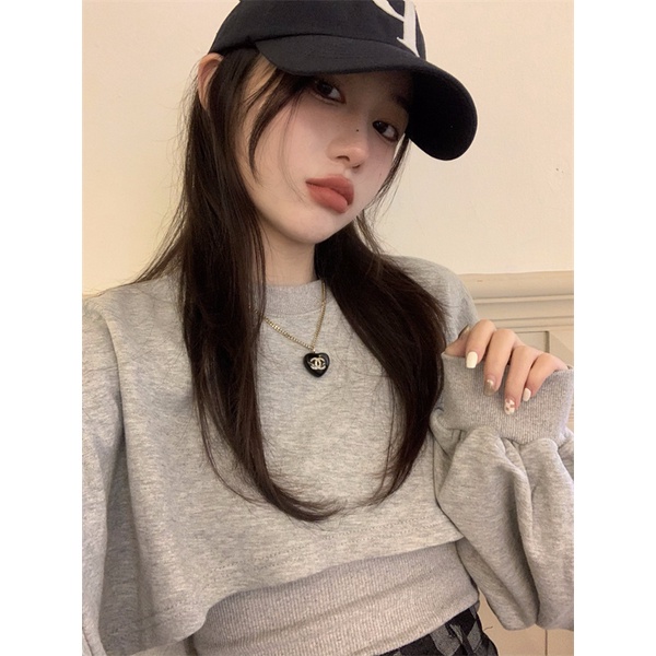 Áo sweater Mỏng Dáng Rộng Thiết Kế Mới Hàn Quốc Cá Tính Hở Rốn Màu Xám Cho Nữ