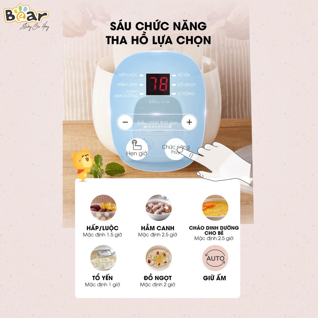 COMBO Nồi nấu cháo chậm cho bé 0.8L Bear + Máy xay thực phẩm trẻ em Bear. Model LLJ-C04J1. Bộ 3 cối xay tiện lợi