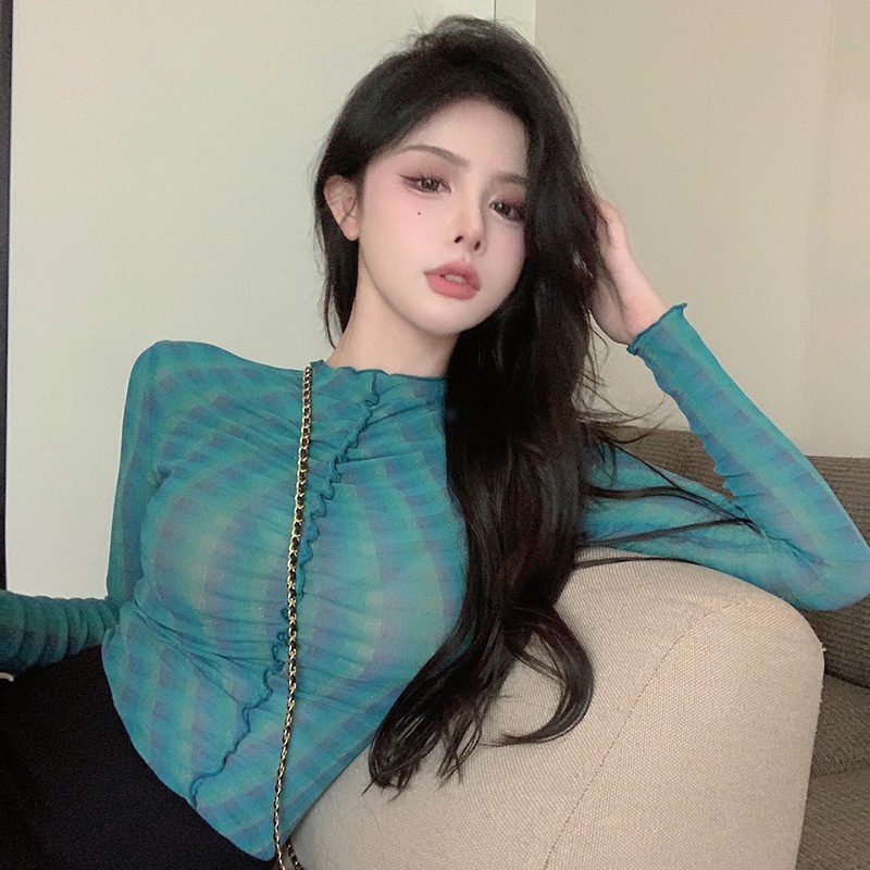 Áo Lưới Tay Dài Cổ Lọ Trong Suốt Thời Trang Mùa Hè Phong Cách Hàn Quốc