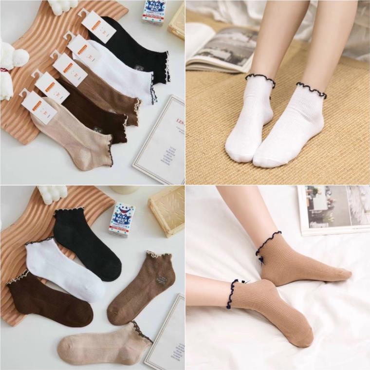 Set 5 Đôi Tất vớ nữ trà sữa cổ bèo Myna chất liệu vải Hàn co giãn bốn chiều Myna