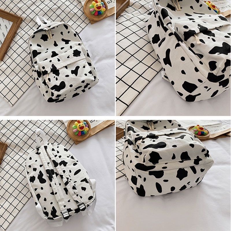 CHIC JOY Ba Lô Đi Học Vải Canvas Họa Tiết Bò Sữa Màu Tương Phản Dễ Thương