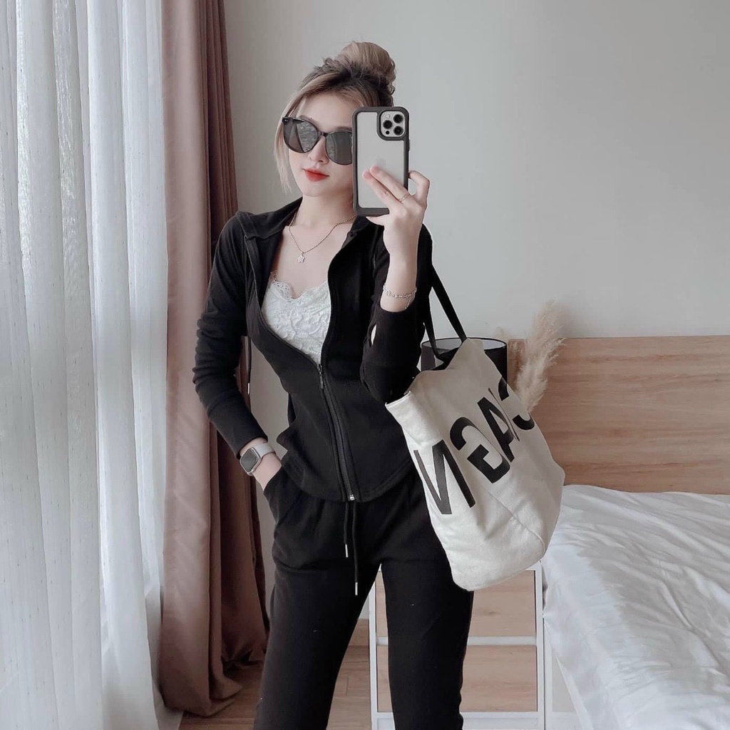 Set bộ nữ thể thao thêu nón chữ GELN - áo khoác dây kéo tay dài quần jogger TU