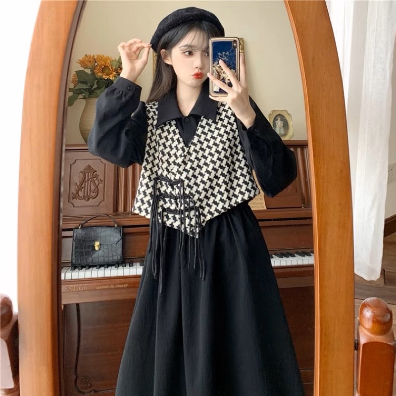 (Hàng order ) Set váy sơ mi kèm áo gile có Ảnh Thật