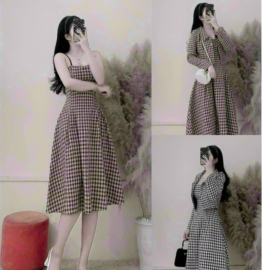 Set Đầm Caro Nữ Hai Dây From Dài Dáng Xòe,Váy kèm Áo Khoác Chất Liệu For Cao Cấp Tiểu Thư Dự Tiệc Dạo Phố XM Minh Phúc