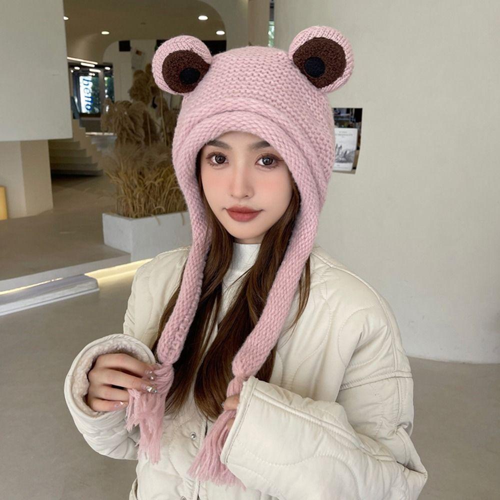 IVORY Mũ Len Dệt Kim Bảo Vệ Tai Họa Tiết Hoạt Hình Xinh Xắn Theo Phong Cách Mùa Đông Hàn Quốc