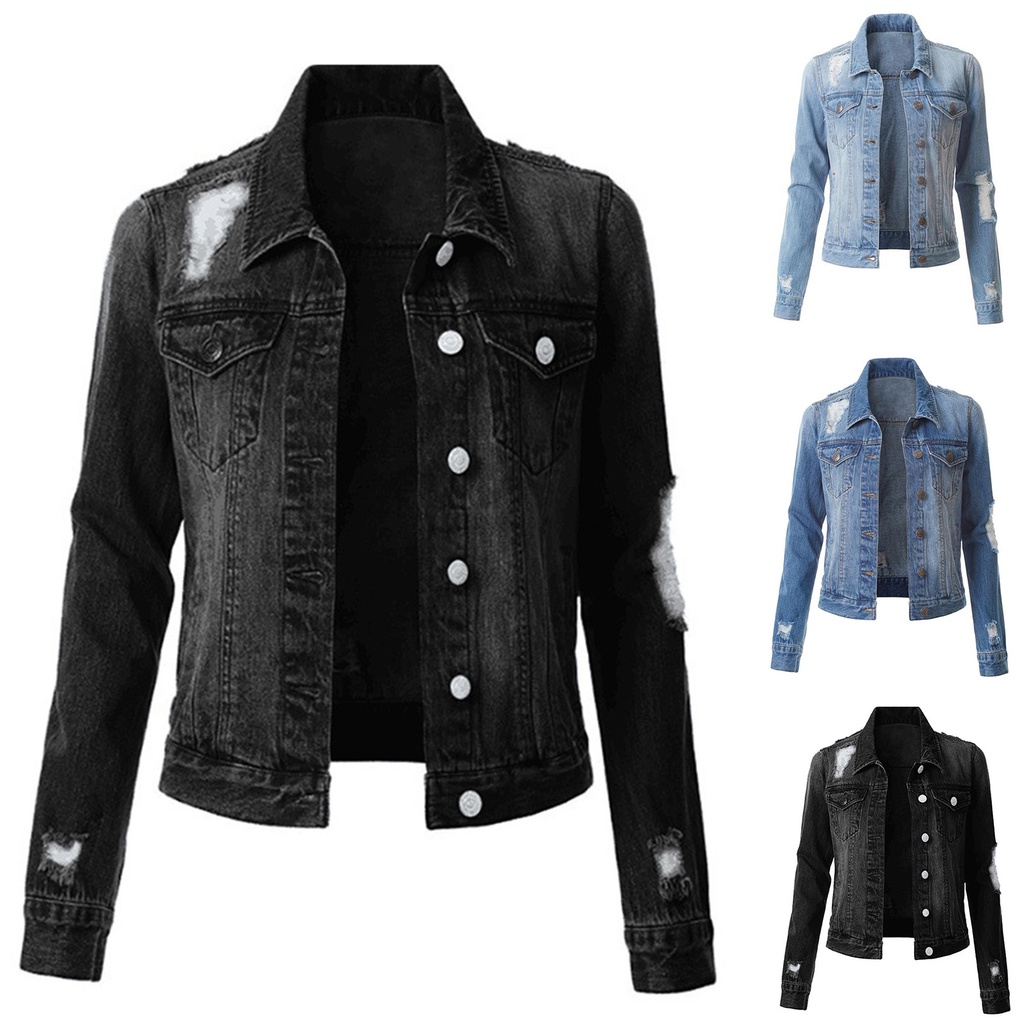 Sa-denim Áo Khoác Jean Màu Trơn Rách Một Hàng Nút Cài Thời Trang Thu Đông Đường Phố