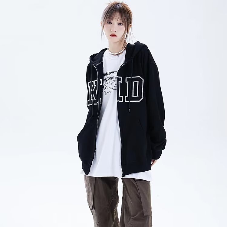IELGY    Áo Khoác Hoodie Có Khóa Kéo Thêu Chữ Phong Cách Mỹ Cổ Điển Thời Trang Cho Nữ