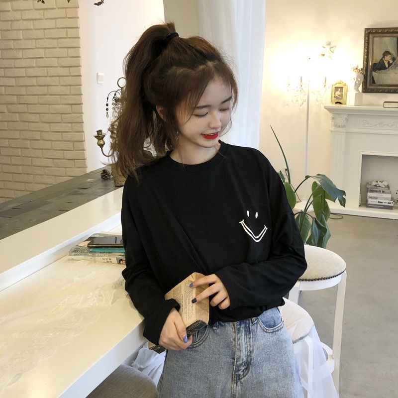 Áo thun nữ SUXI tay dài cổ tròn họa tiết mặt cười phong cách Hàn Quốc