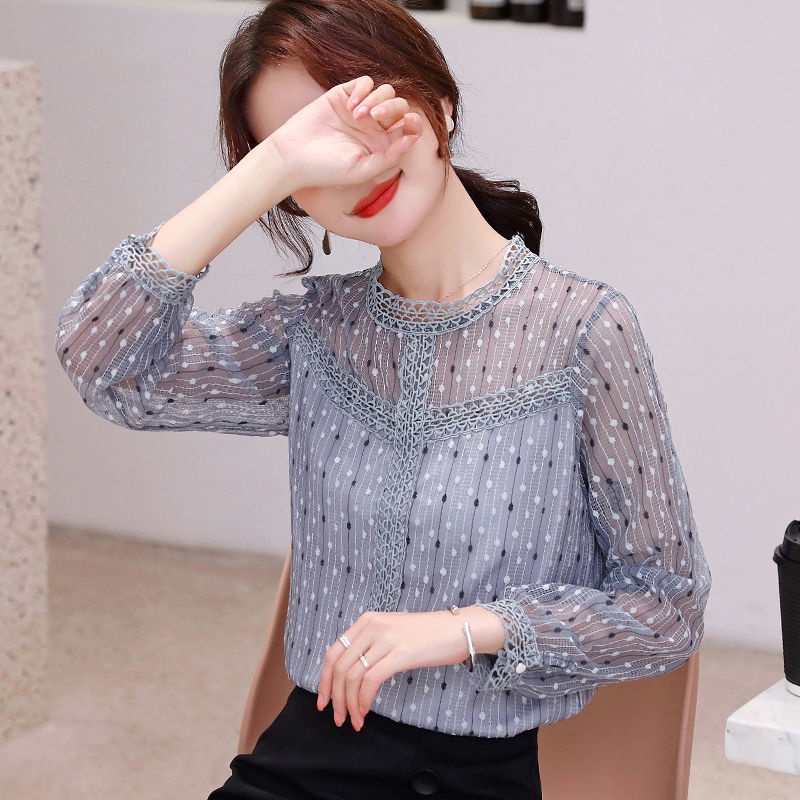 Áo Sơ Mi Tay Dài Cổ Tròn Phối Ren Họa Tiết Chấm Bi Plus Size Phong Cách Hàn Quốc Cho Nữ