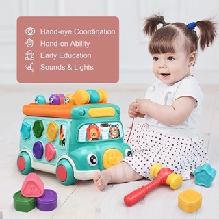Đồ Chơi Montessori Xe Ô Tô Buýt Đa Chức Năng Gồm Phát Nhạc, Phản Xạ Đập Chuột, Đồng Hồ, Hình Khối