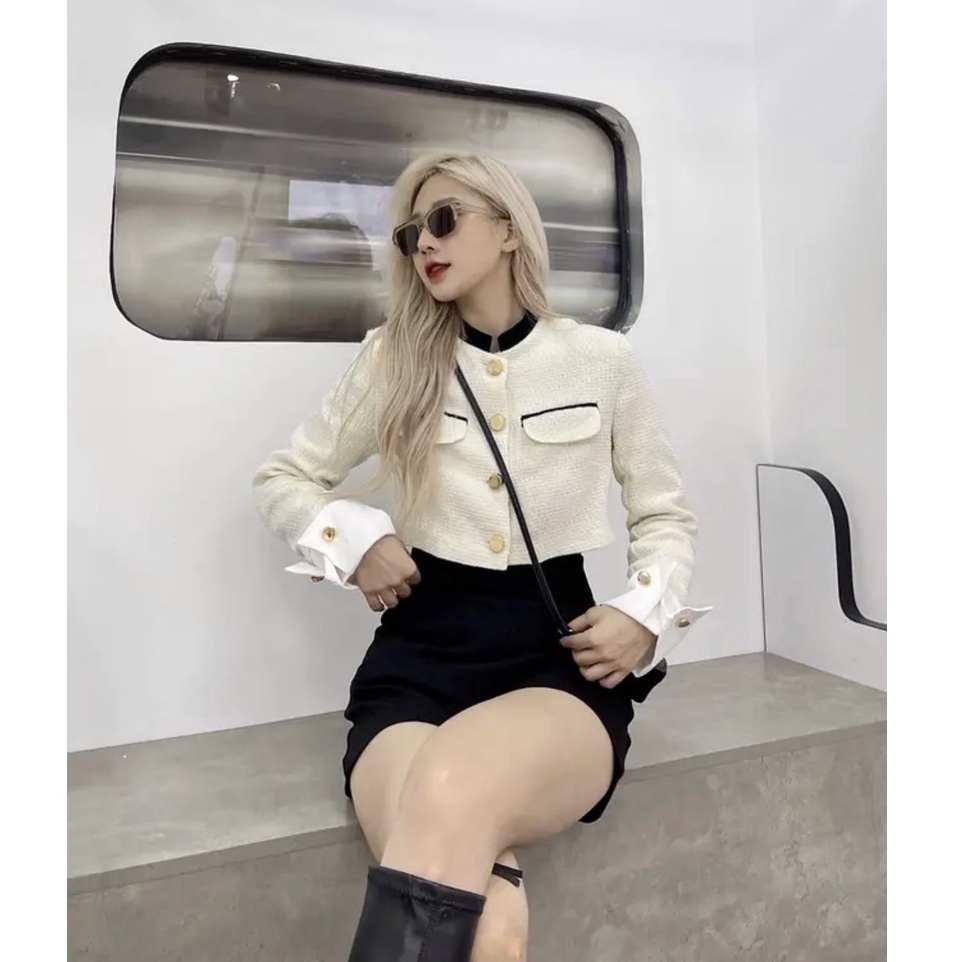 Áo dạ tweed tay sắn form croptop chất dạ cao cấp 2 lớp kèm lớp gió bên trong Mophus MTW002