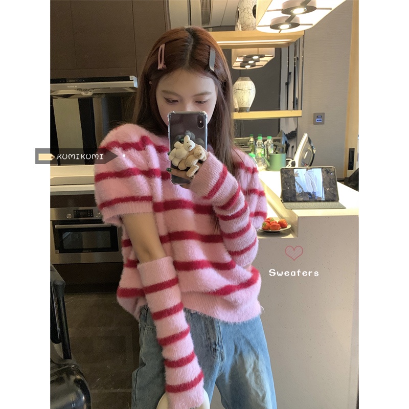 Áo sweater DIDIKA tay phồng ngắn dáng rộng họa tiết kẻ sọc thời trang thu đông cao cấp cho nữ