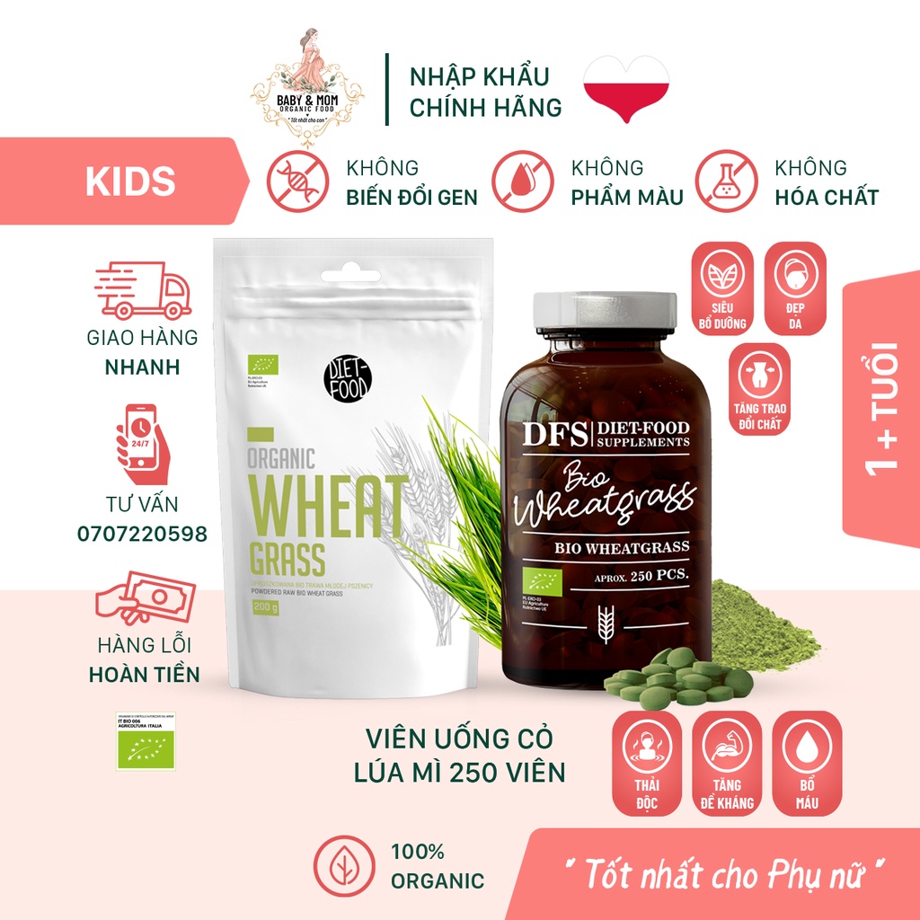 Viên uống bột Cỏ lúa mì hữu cơ (250 viên) Diet Food 125g