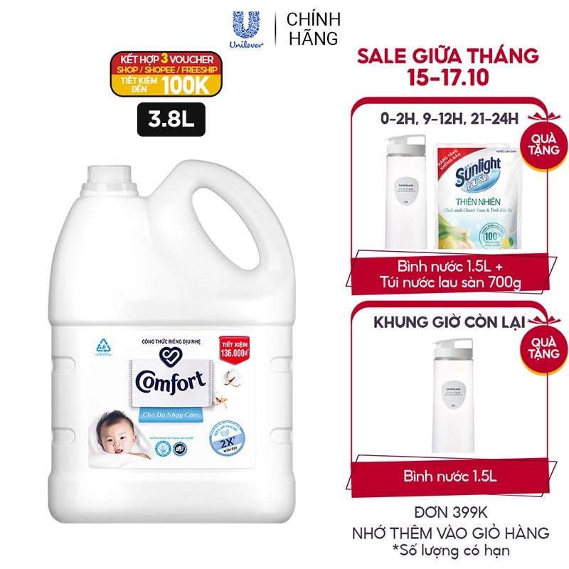 [Mã FMCGMALL -8% đơn 250K] Nước xả vải Comfort Cho Da Nhạy Cảm chai 3.8L