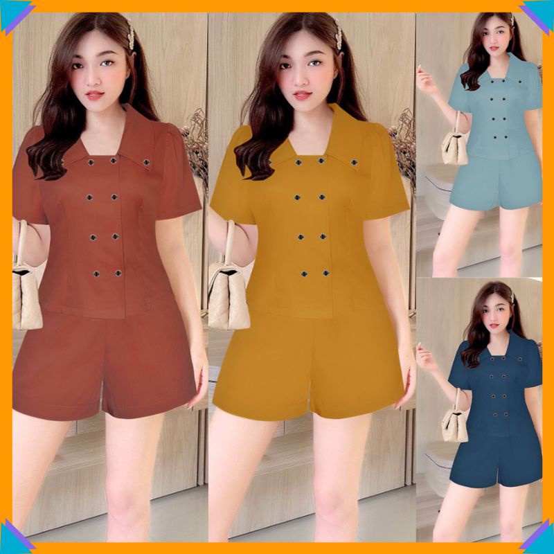 Bộ nữ ngắn 🌸FREESHIP🌸 Set nguyên bộ quần short áo tay ngắn phối nút xinh xắn J1194