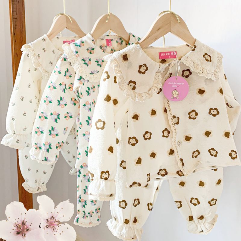 Bộ Đồ Cho Bé - Bộ Pijama Cho Bé Họa Tiết Ren Bèo Tiểu Thư Phong Cách Hàn Quốc Siêu Đáng Yêu