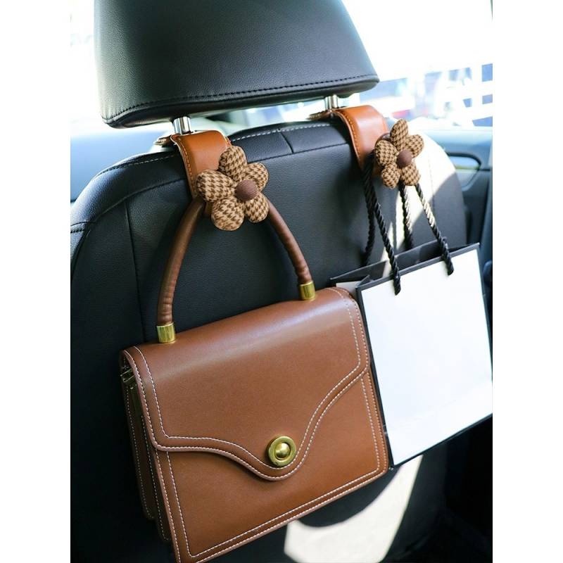 Móc da chịu lực cao cấp họa tiết ins houndstooth dễ thương vô hình gắn lưng ghế xe lưu trữ phía sau id44