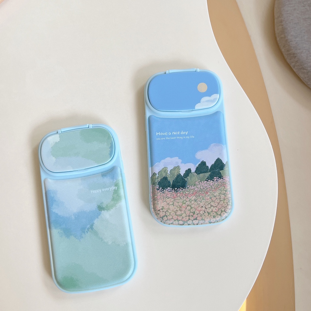 Ốp Điện Thoại Dẻo Họa Tiết Hoạt Hình Tranh Sơn Dầu Kèm Gương Trang Điểm Cho iPhone 14 13 12PRO MAX 11pro MAX XS MAX