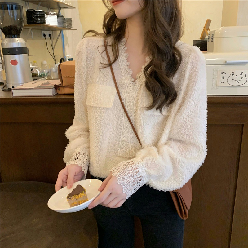 Áo ren SUXI tay dài cổ chữ V màu trơn phong cách vintage thời trang Hàn Quốc