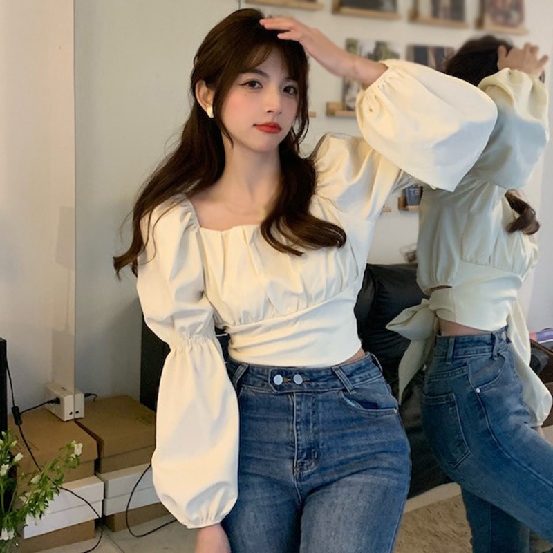 Áo Sơ Mi Nữ Cổ Vuông Dài Tay Dáng Ôm Phong Cách Hàn Quốc