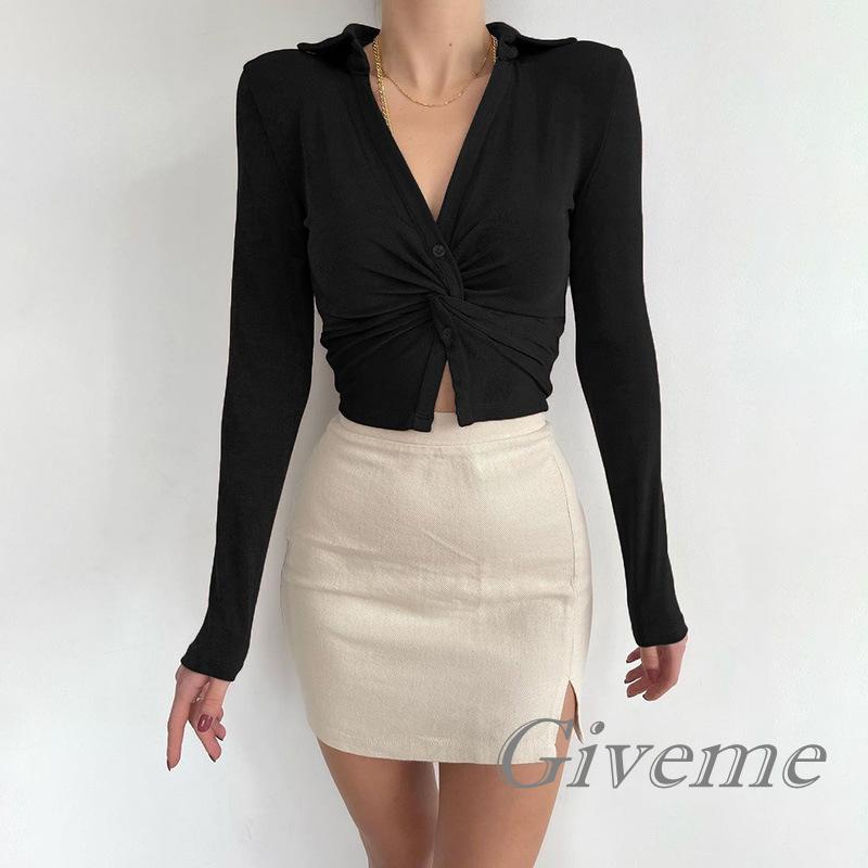 Áo Crop Top Dệt Kim Màu Trơn Cổ V Thắt Nút Xoắn Thời Trang Cho Nữ