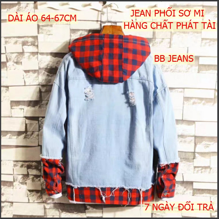 Áo khoác jean nam có mũ vải sơ mi đỏ cực đẹp thời trang form rộng size 40-75kg Mata Sport