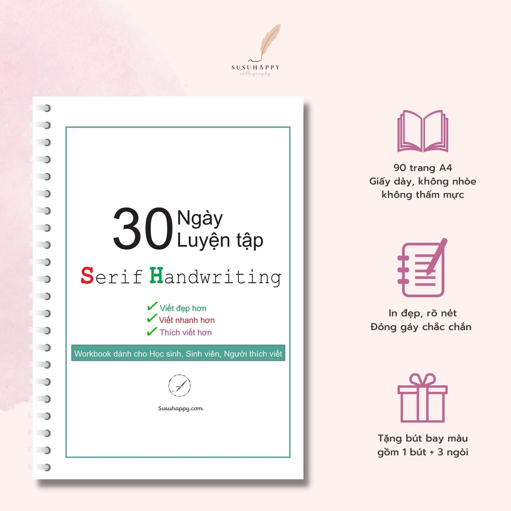 Workbook 30 Ngày Luyện Viết Chữ Serif Handwriting (Font Chữ Có Chân) Dành Cho Người Mới Tập-Tặng Bút Bay Màu+3 NgòiThay