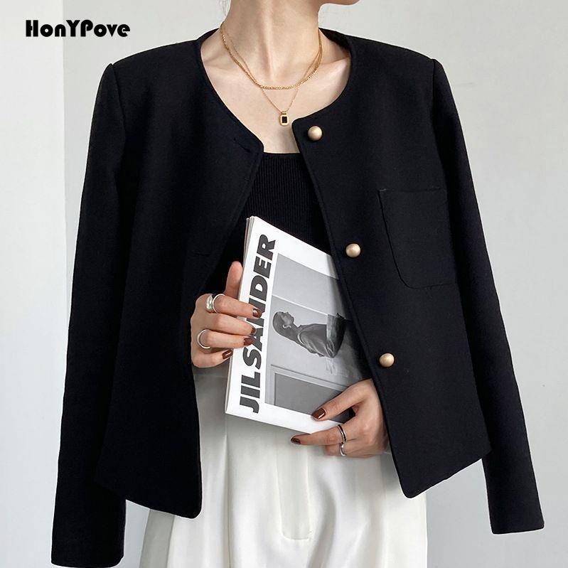 Áo Khoác Màu Đen Dáng Ngắn Vải Tweed Phong Cách Hàn Quốc Dành Cho Nữ