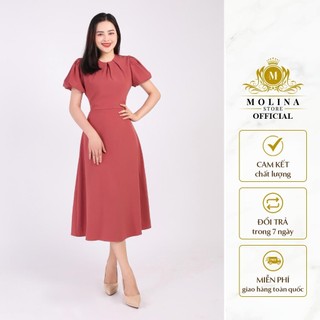 Đầm Công Sở Nữ Dáng Dài Molina Thiết Kế Dáng Chữ A Tay Phồng Cổ Xếp Chất Liệu Kaki Lụa Mềm
