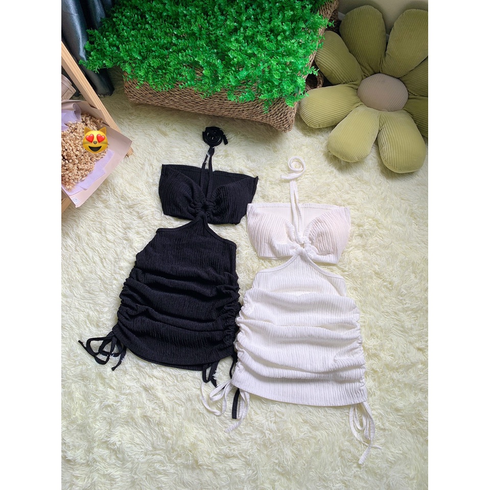 Đầm xốp yếm ống mặc 2 kiểu ôm body rút dây cực sexy , chất thun xốp dày mềm mịn