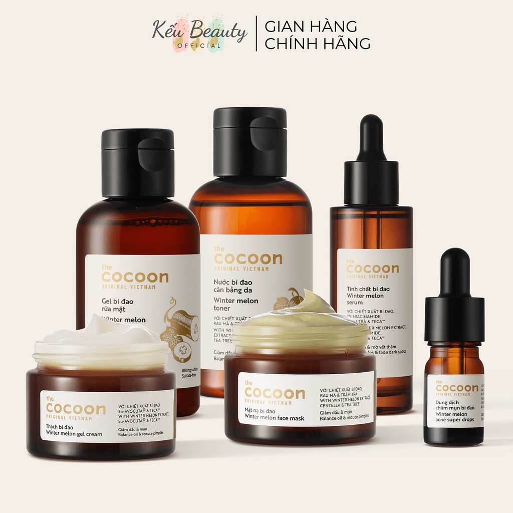 Bộ bí đao Cocoon cho da dầu mụn (nước tẩy trang, toner, serum, mặt nạ, thạch dưỡng, kem chống nắng) 140ml/310ml/500ml