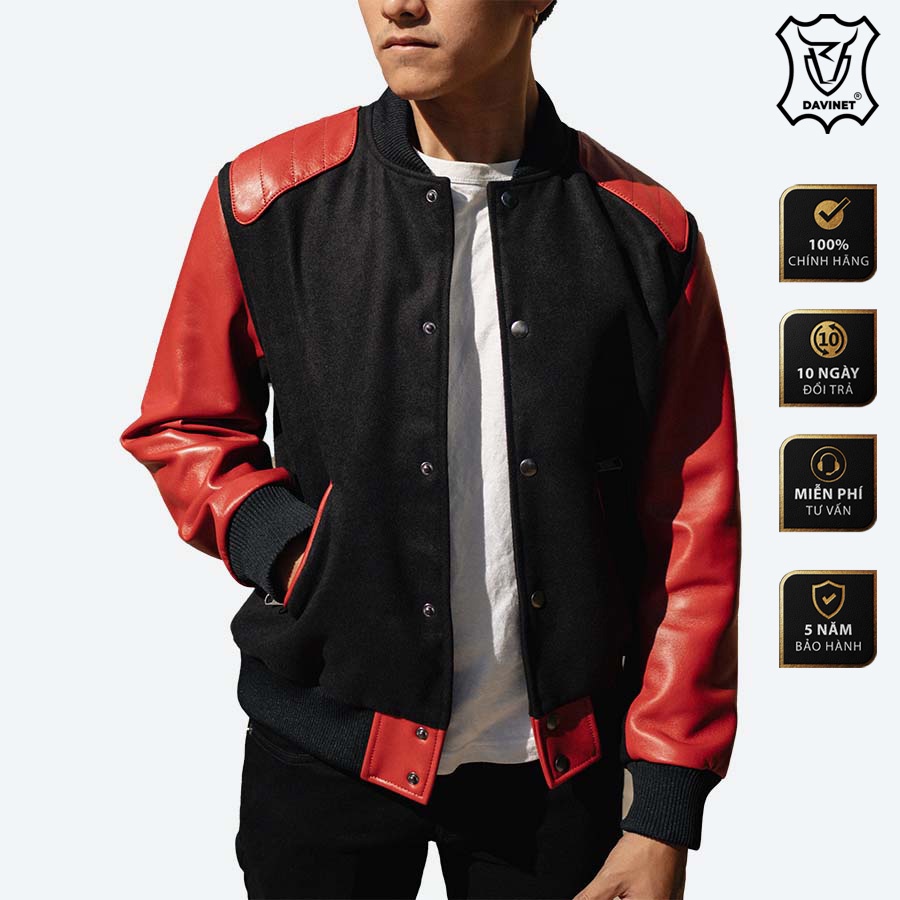 Áo Khoác Varsity Da Xịn DAVINET Am22-04, Da Xịn, Siêu Bền, Mềm Nhẹ, Bảo Hành 5 Năm