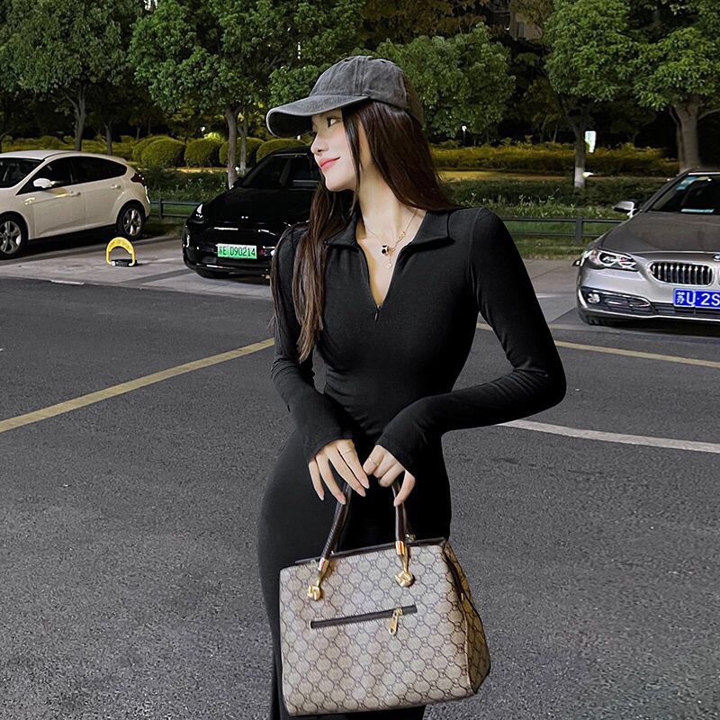 Váy body dáng dài dài tay đuôi cá dáng dài có cổ kéo khoá màu đen xám hàng Quảng châu loại 1