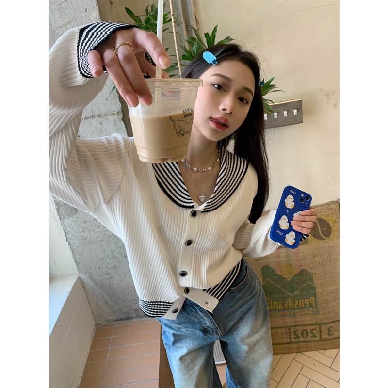 Áo khoác cardigan ZHELIHANGFEI dệt kim tay dài cổ thủy thủ dáng ngắn họa tiết kẻ sọc thời trang