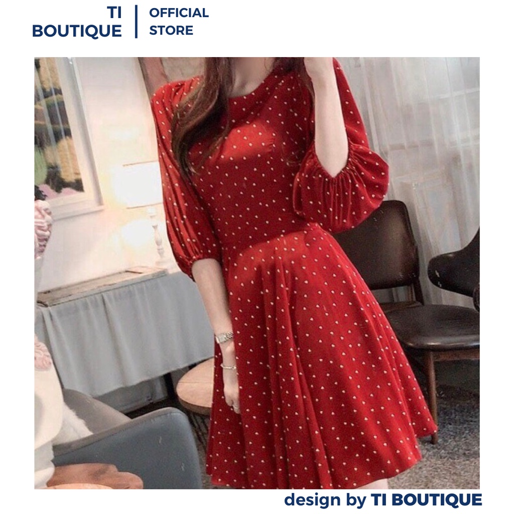 Đầm Xinh Nhẹ Nhàng Cổ Tròn Phối Tay Lửng Bo Chun, Đầm Nữ Dáng Xòe Họa Tiết Chấm Bi Phối Dây Nơ Eo Nữ Tính