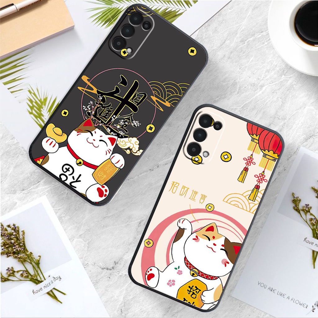 Ốp Lưng Cạnh Vuông, Bảo Vệ Cam. Oppo Reno5 4G / Reno5 Pro Mèo Thần Tài May MẮn