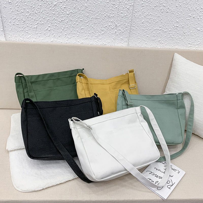 Túi Đeo Chéo Canvas Cỡ Lớn Phối Khóa Kéo Thời Trang Nhật Bản Cho Nữ