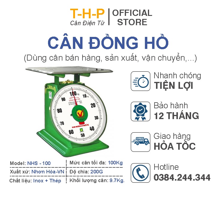 Cân đồng hồ Nhơn Hòa 100Kg - Đĩa cân Inox - Vỏ cân thép sơn tĩnh điện