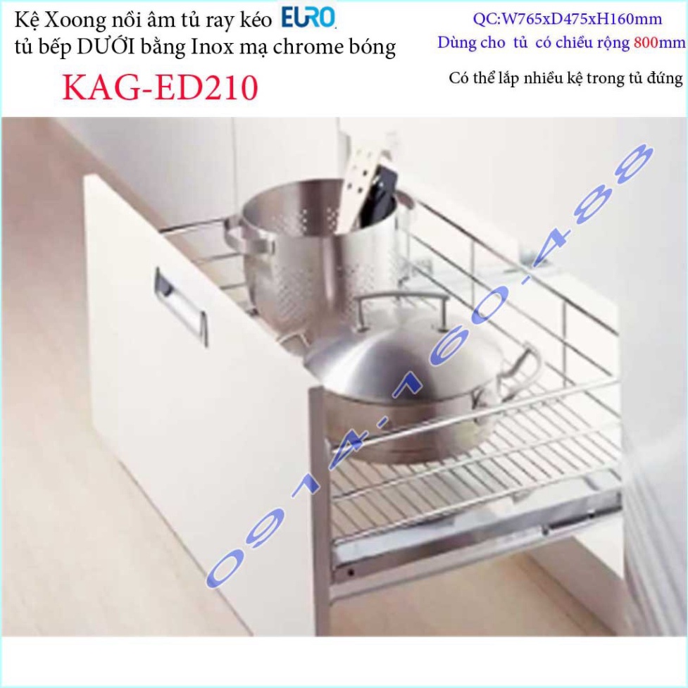 Kệ xoong nồi Euro KAG-ED210-80cm, giá xoong nồi inox âm tủ 80cm có ray giảm chấn tủ bếp dưới ray êm 