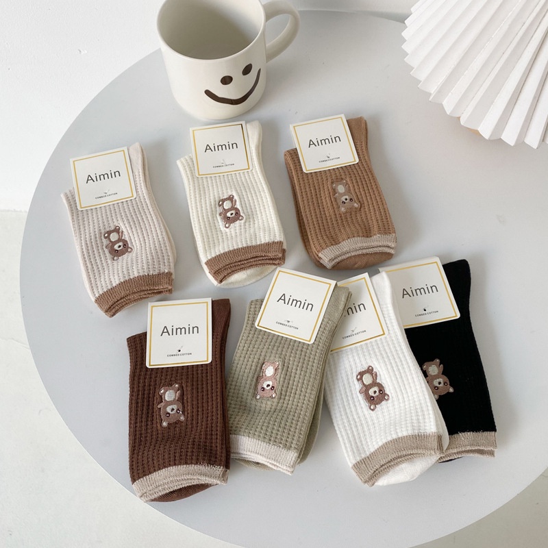Vớ Cổ Trung In Họa Tiết Gấu Hoạt Hình Phong Cách Hàn Quốc Dễ Phối Đồ Thời Trang Thu Đông