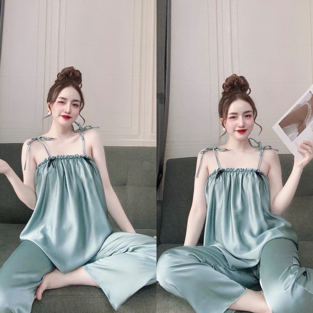 🍀🍀Ưu đãi giá rẻ💕đồ ngủ bèo vai lụa satin dễ thương quần dài
