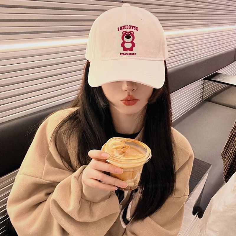 Mũ Lưỡi Trai Vành Rộng Mềm Mại Chống Nắng Họa Tiết Gấu Dâu Tây Dễ Thương Cho Nữ
