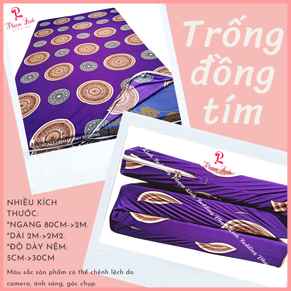 Áo bọc nệm 2 mặt có dây kéo full size vải thun lạnh Hàn Quốc in 3D sợi Polyester mẫu trống đồng tím vỏ bọc bảo vệ nệm